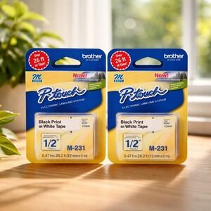 2pk Brother P-Touch M-231 Label Tape 1/2" 12mm Black on White M231 M-Series NEW